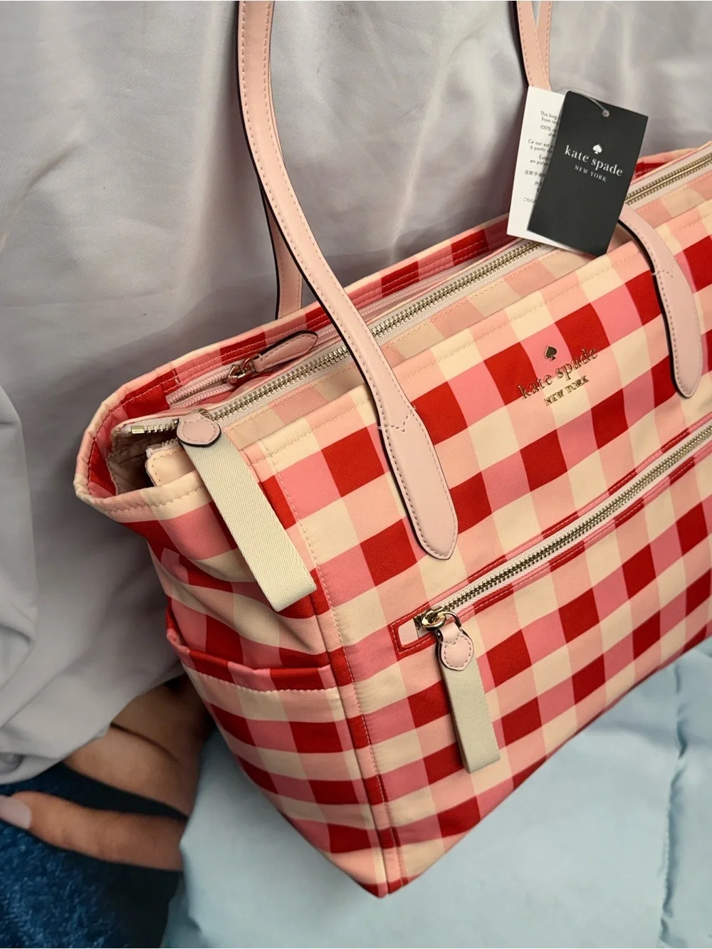 (new+tag) Kate Spade Large Gingham Tote Front Zip Pocket, Double Compartment